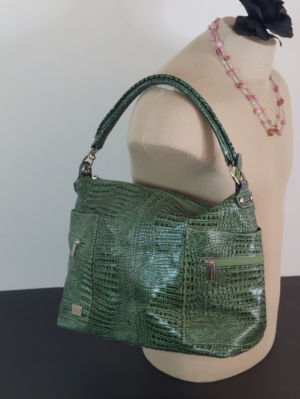 Santa Marinella Green Croc Embossed Leather Shoulder Bag - Made in Brazil